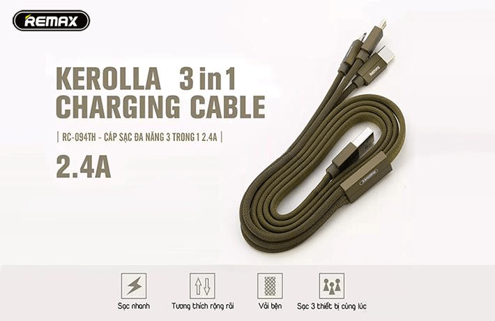 Cáp sạc Remax KEROLLA 3 in 1 Data Cable for Lightning/Micro/Type-C  RC-094th